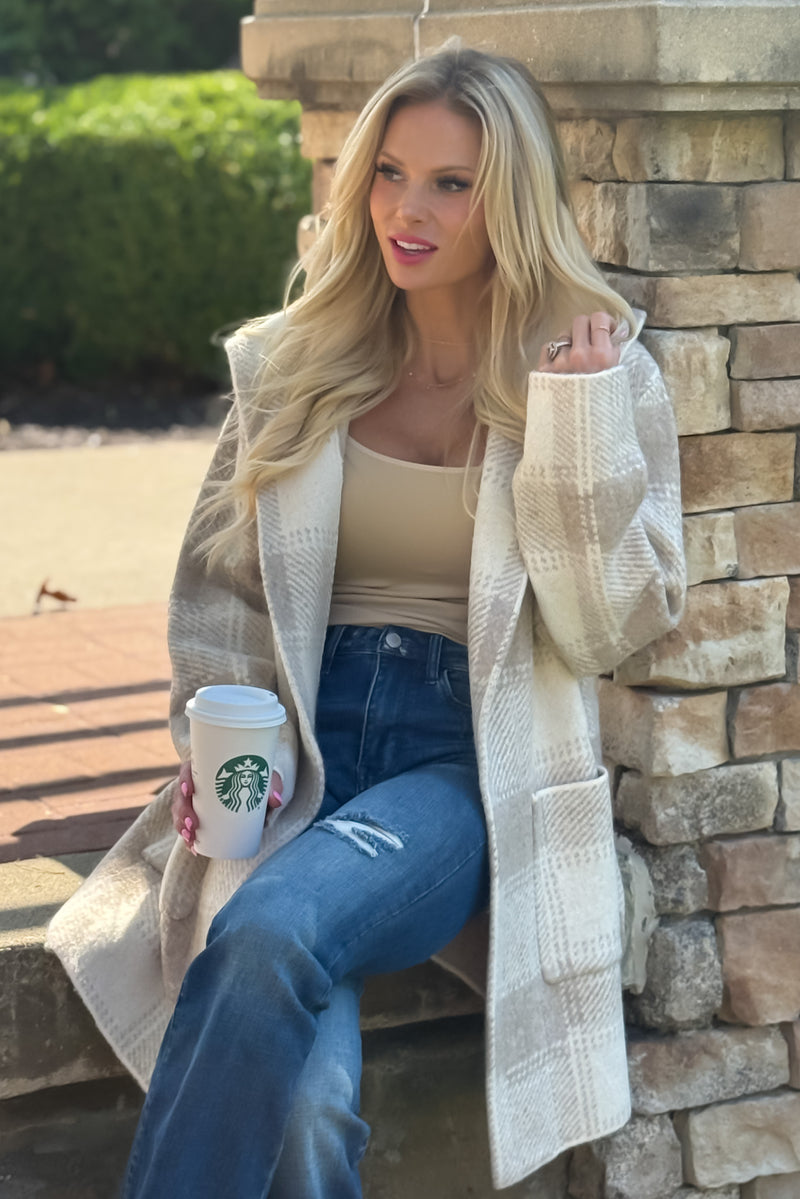 Lyric Cozy Plaid Sweater Hoodie Cardigan : Sand