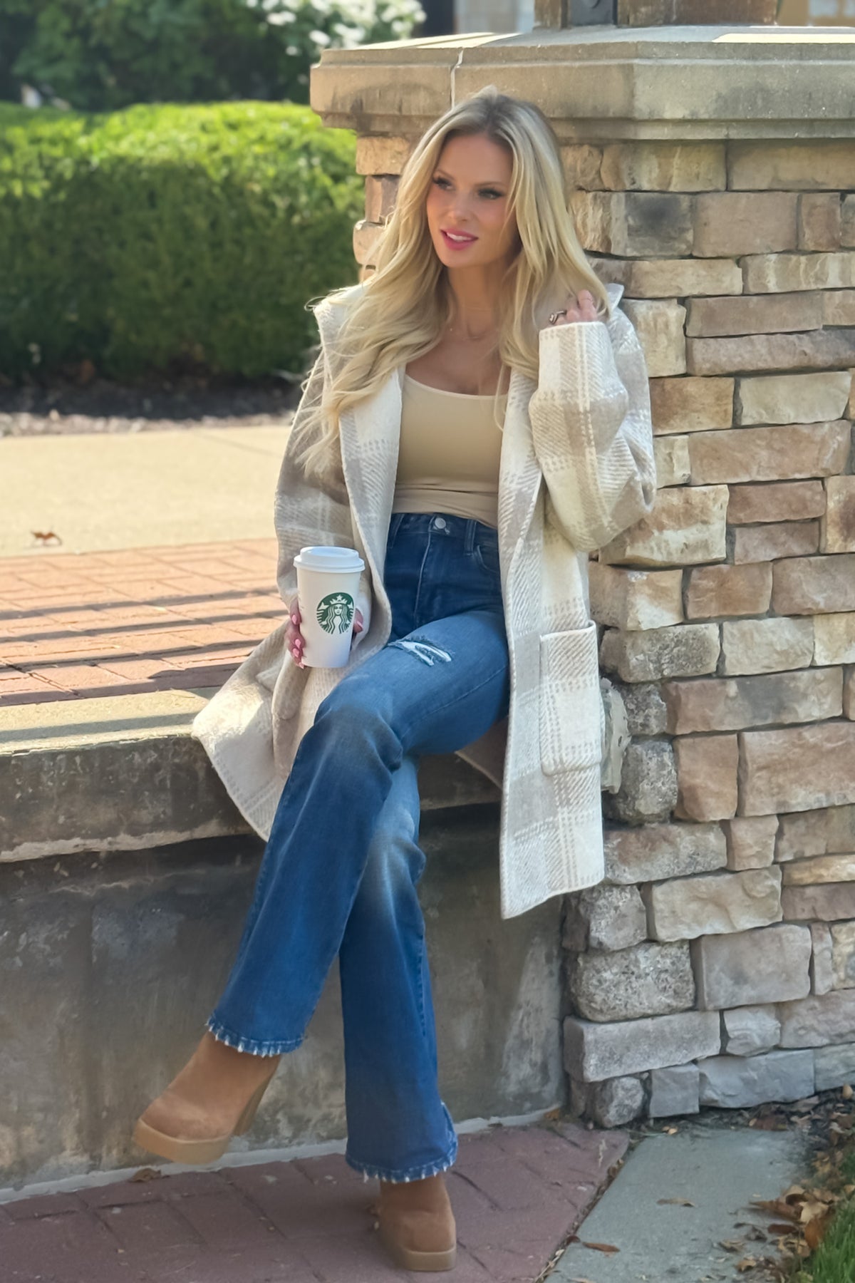 Lyric Cozy Plaid Sweater Hoodie Cardigan : Sand