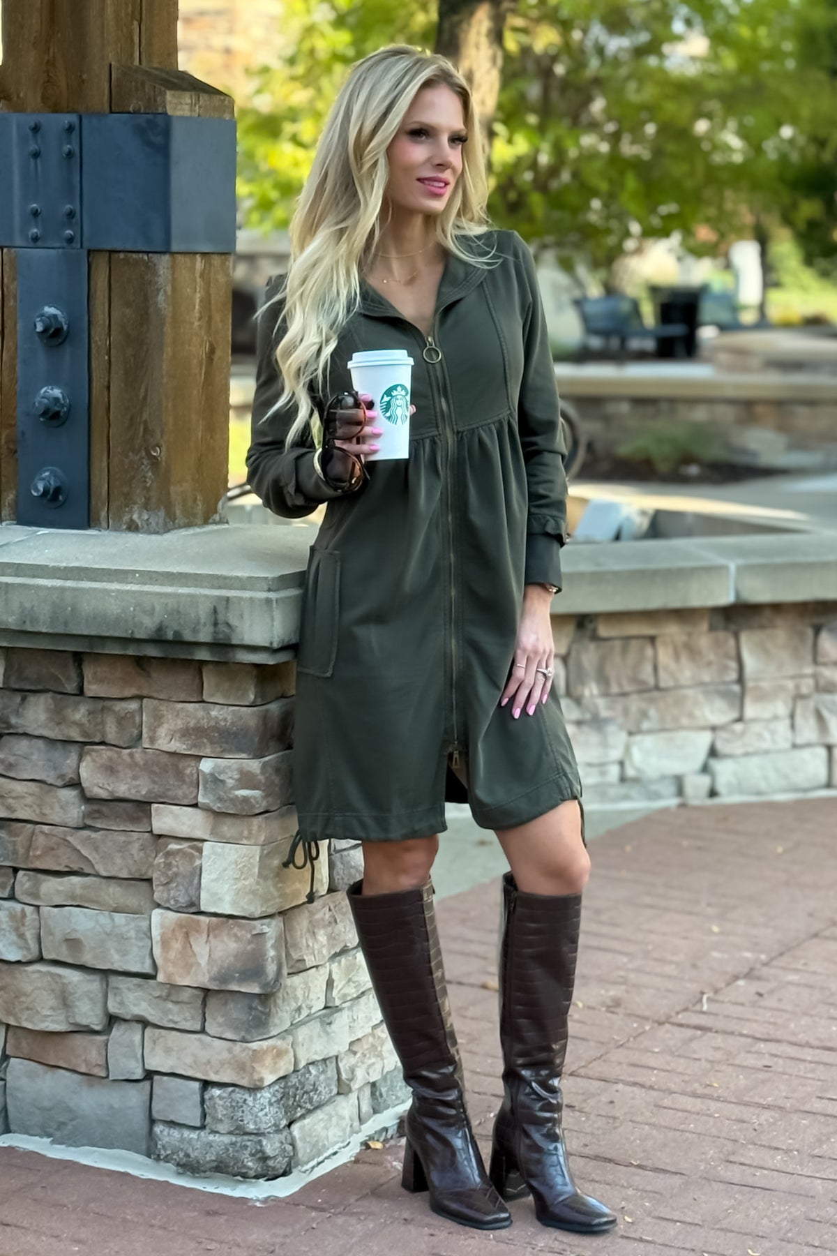 XCVI Benny Fleece Funnel Neck Dress or Longcoat : Deep Green