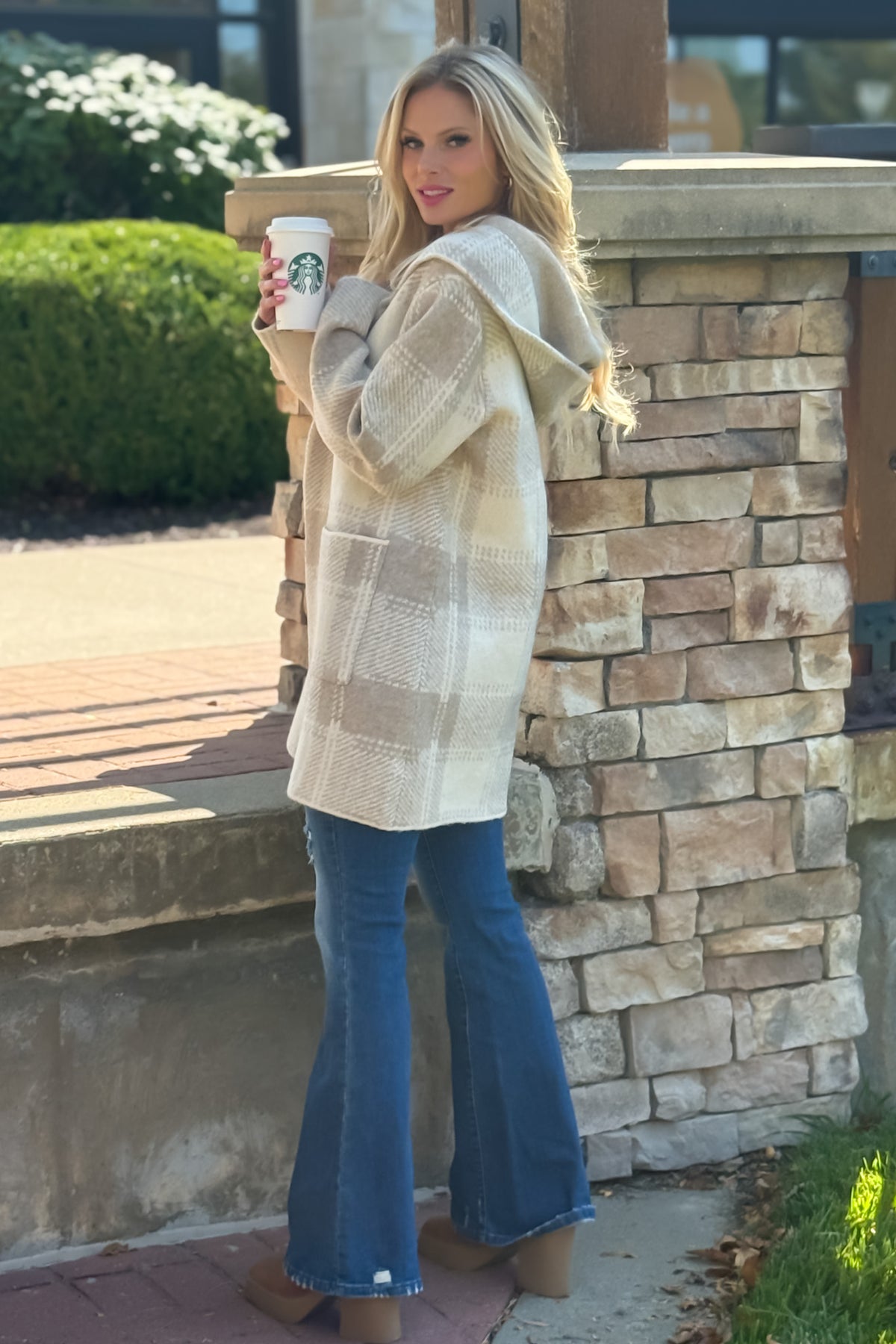 Lyric Cozy Plaid Sweater Hoodie Cardigan : Sand