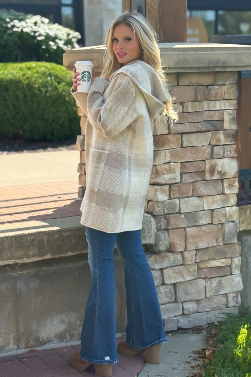Lyric Cozy Plaid Sweater Hoodie Cardigan : Sand