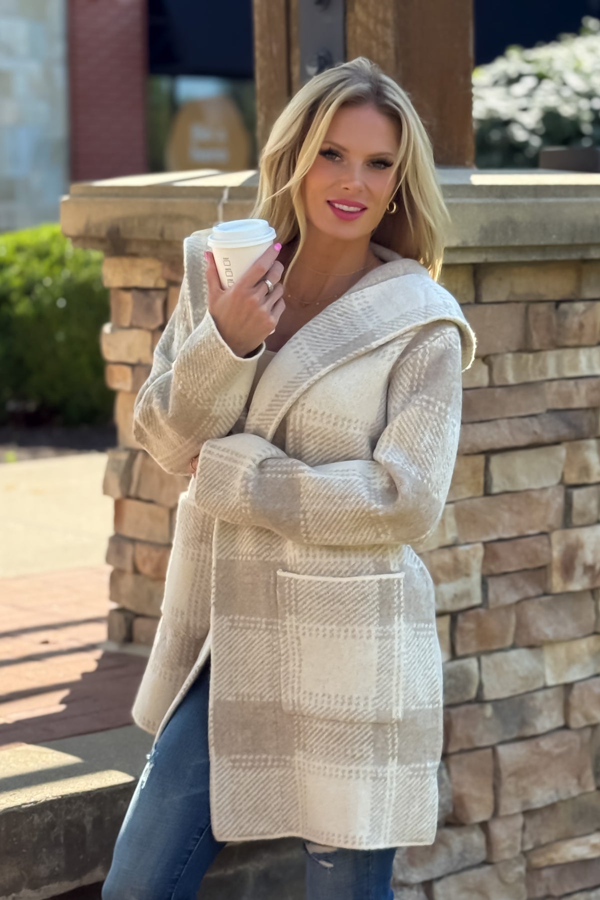 Lyric Cozy Plaid Sweater Hoodie Cardigan : Sand