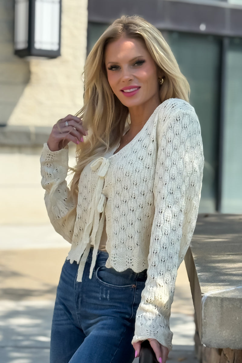 Serina Pointelle Tie Cardigan : Off White