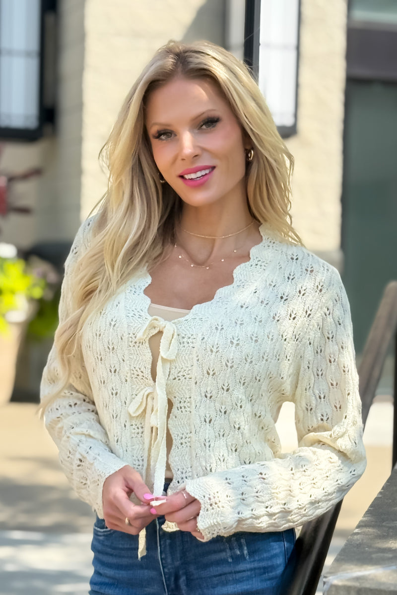 Serina Pointelle Tie Cardigan : Off White