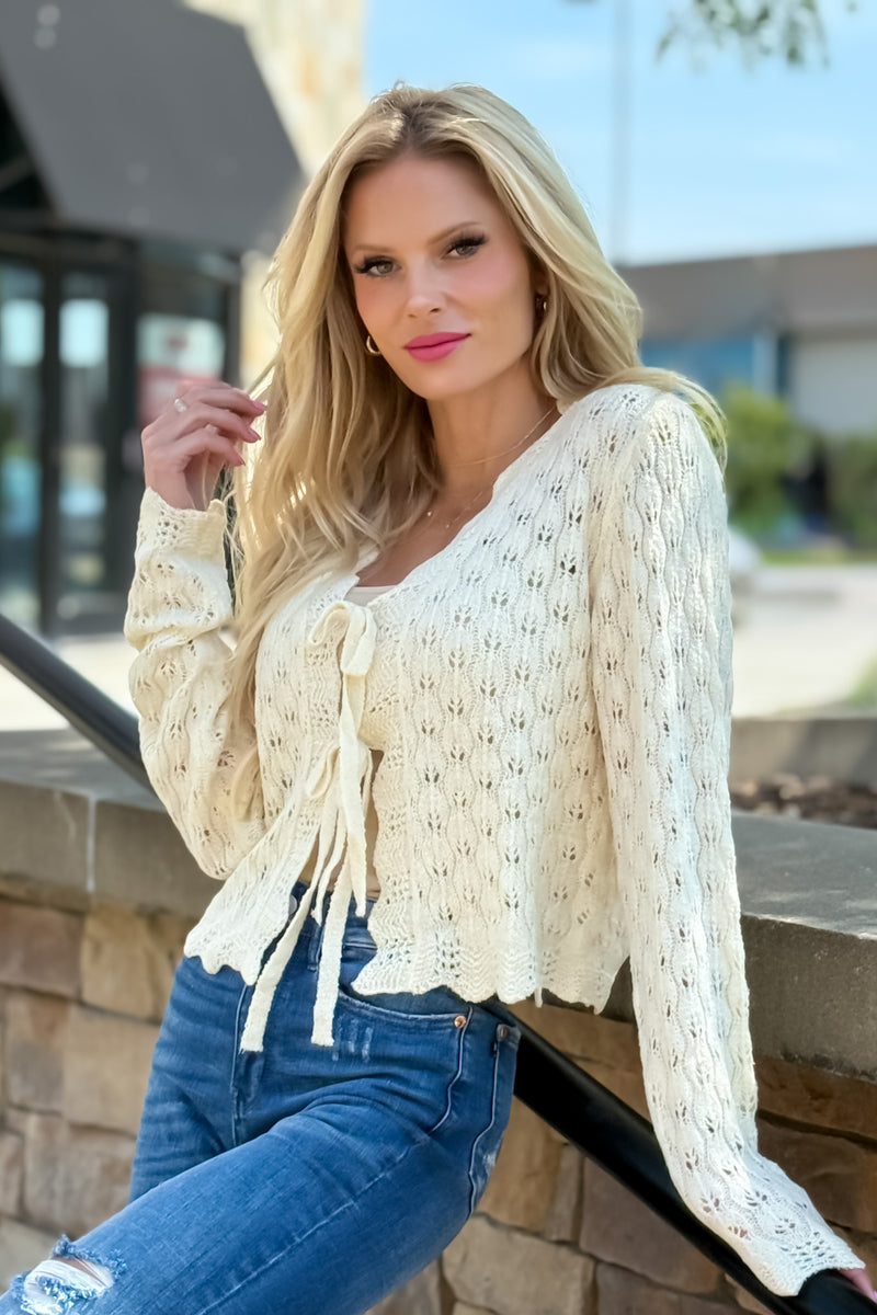 Serina Pointelle Tie Cardigan : Off White