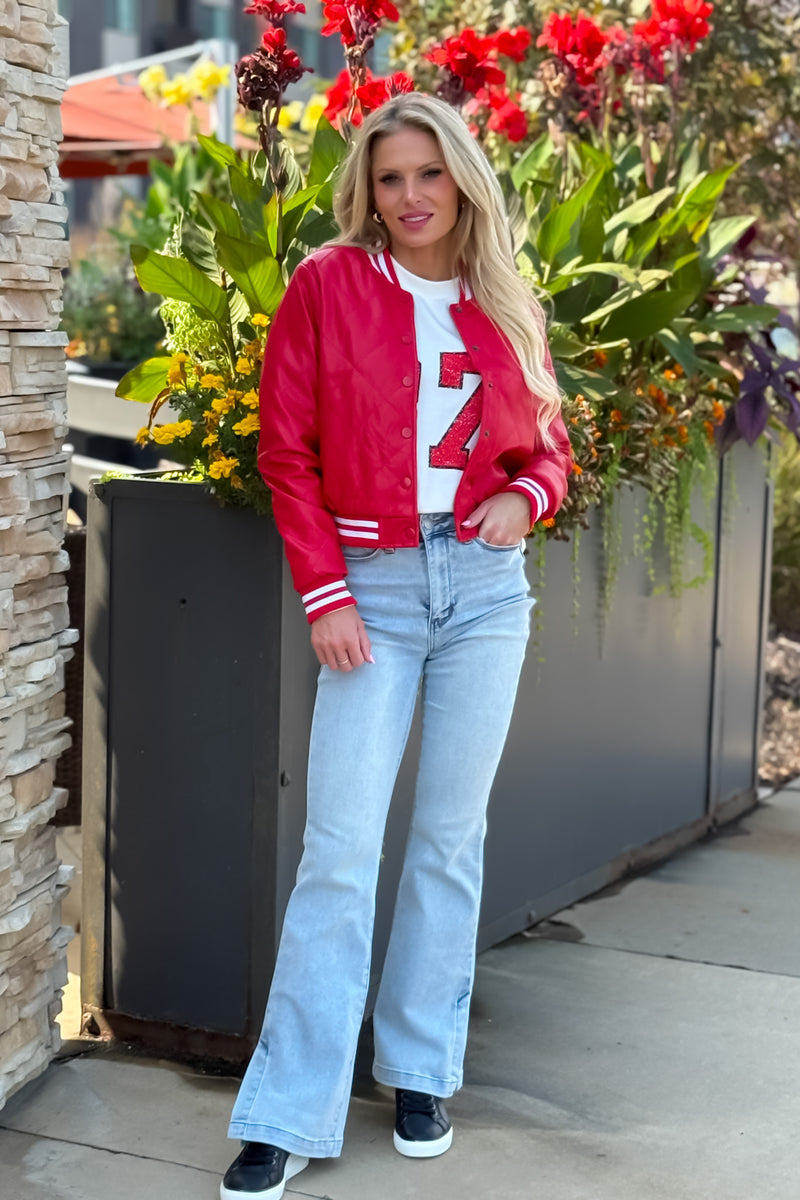 Scarlet Quilted PU Bomber Jacket : Red