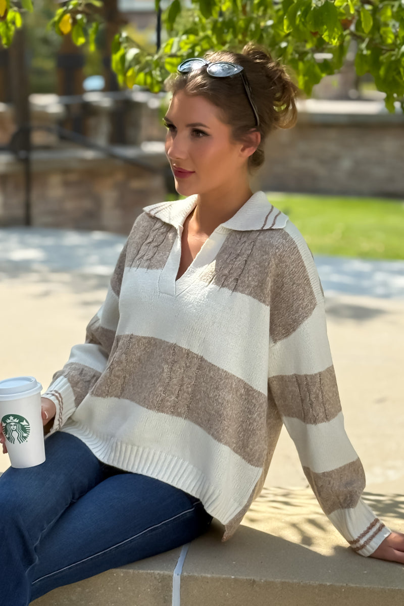 Sian V neck Striped Sweater : Ivory/Latte