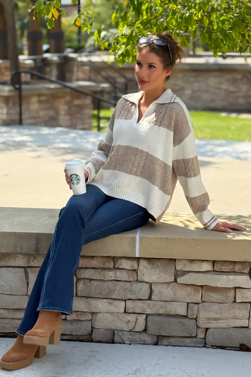 Sian V neck Striped Sweater : Ivory/Latte