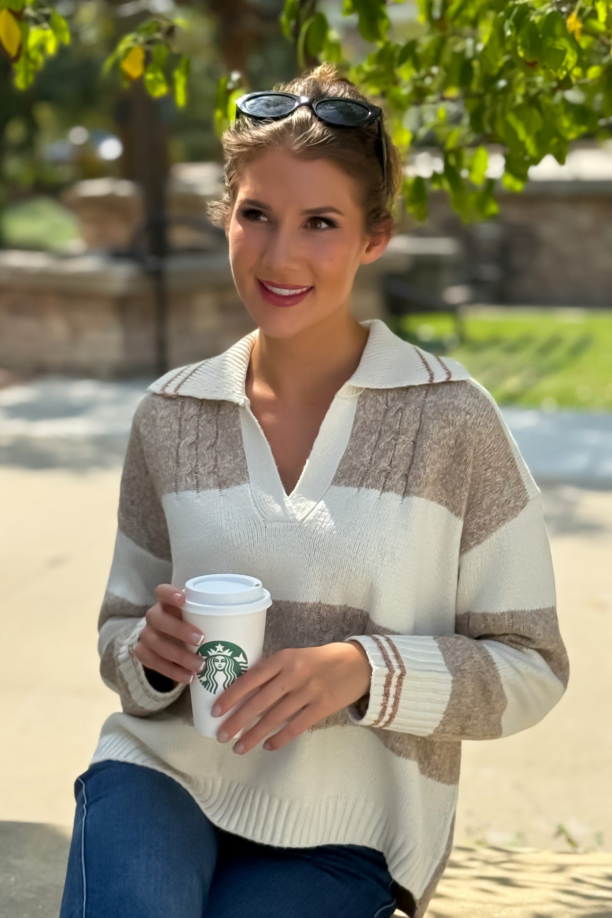 Sian V neck Striped Sweater : Ivory/Latte