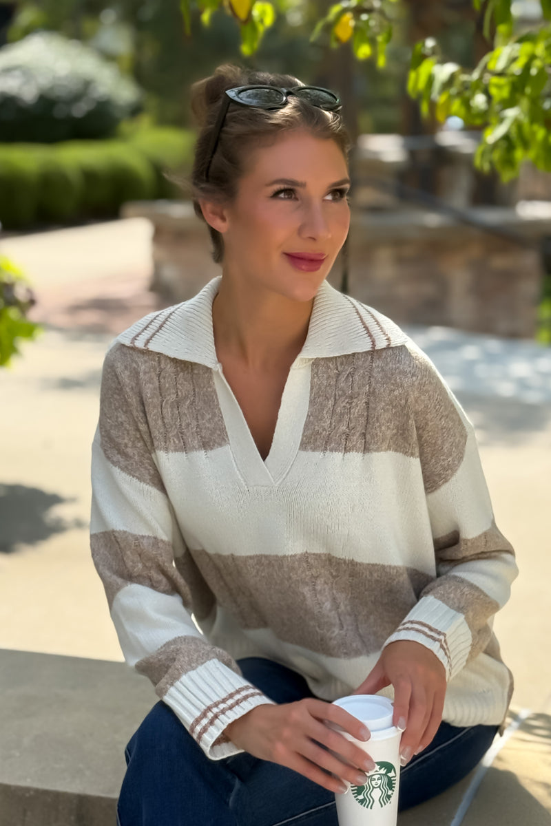 Sian V neck Striped Sweater : Ivory/Latte
