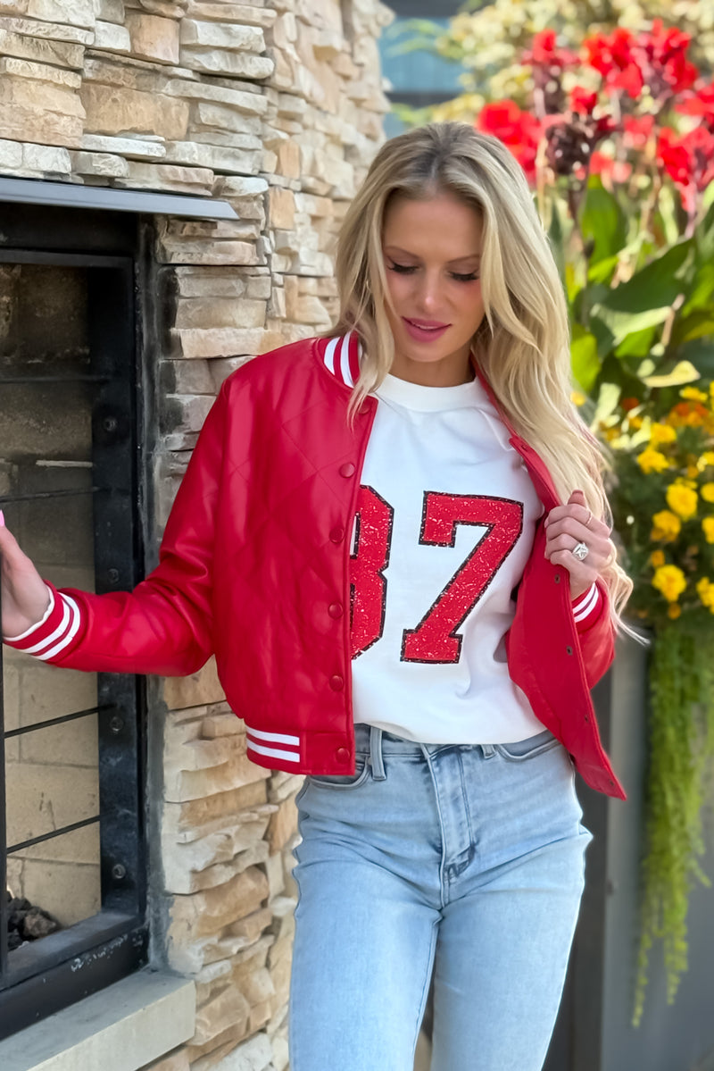 Scarlet Quilted PU Bomber Jacket : Red