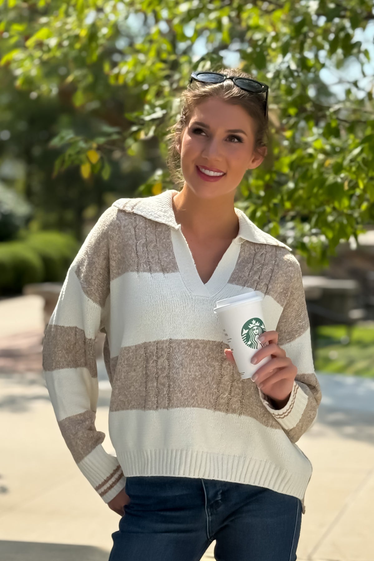 Sian V neck Striped Sweater : Ivory/Latte