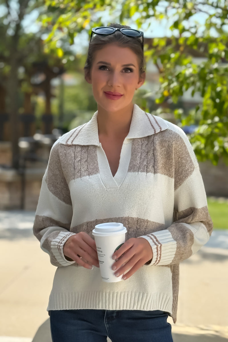 Sian V neck Striped Sweater : Ivory/Latte