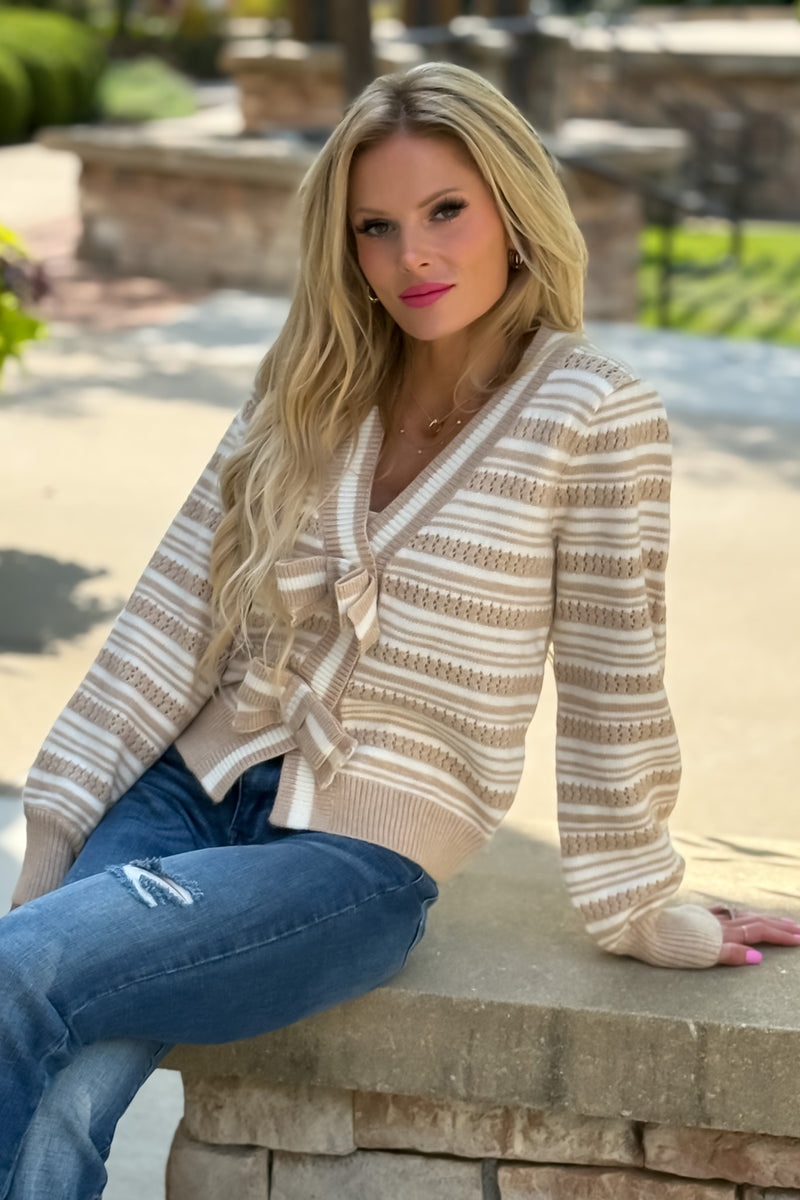 Teagen Puff Sleeve Bow Tie Cardigan : Beige