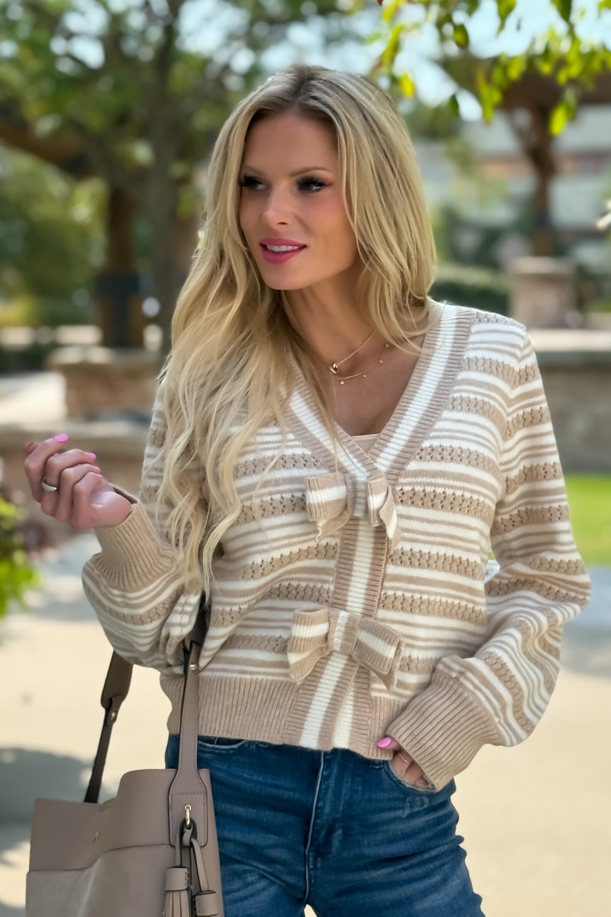Teagen Puff Sleeve Bow Tie Cardigan : Beige