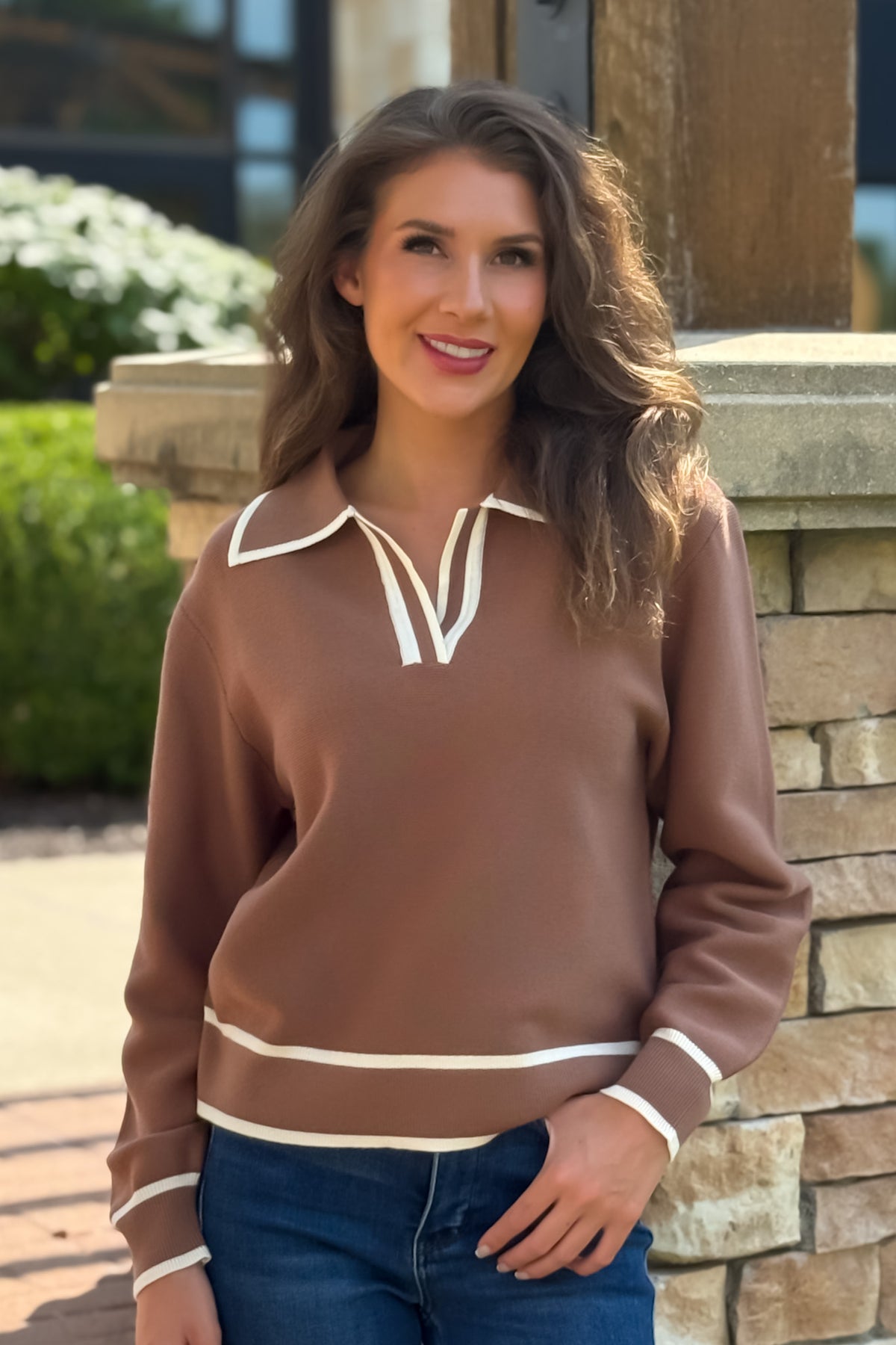 Paige Collared V neck Sweater : Mocha Mousse