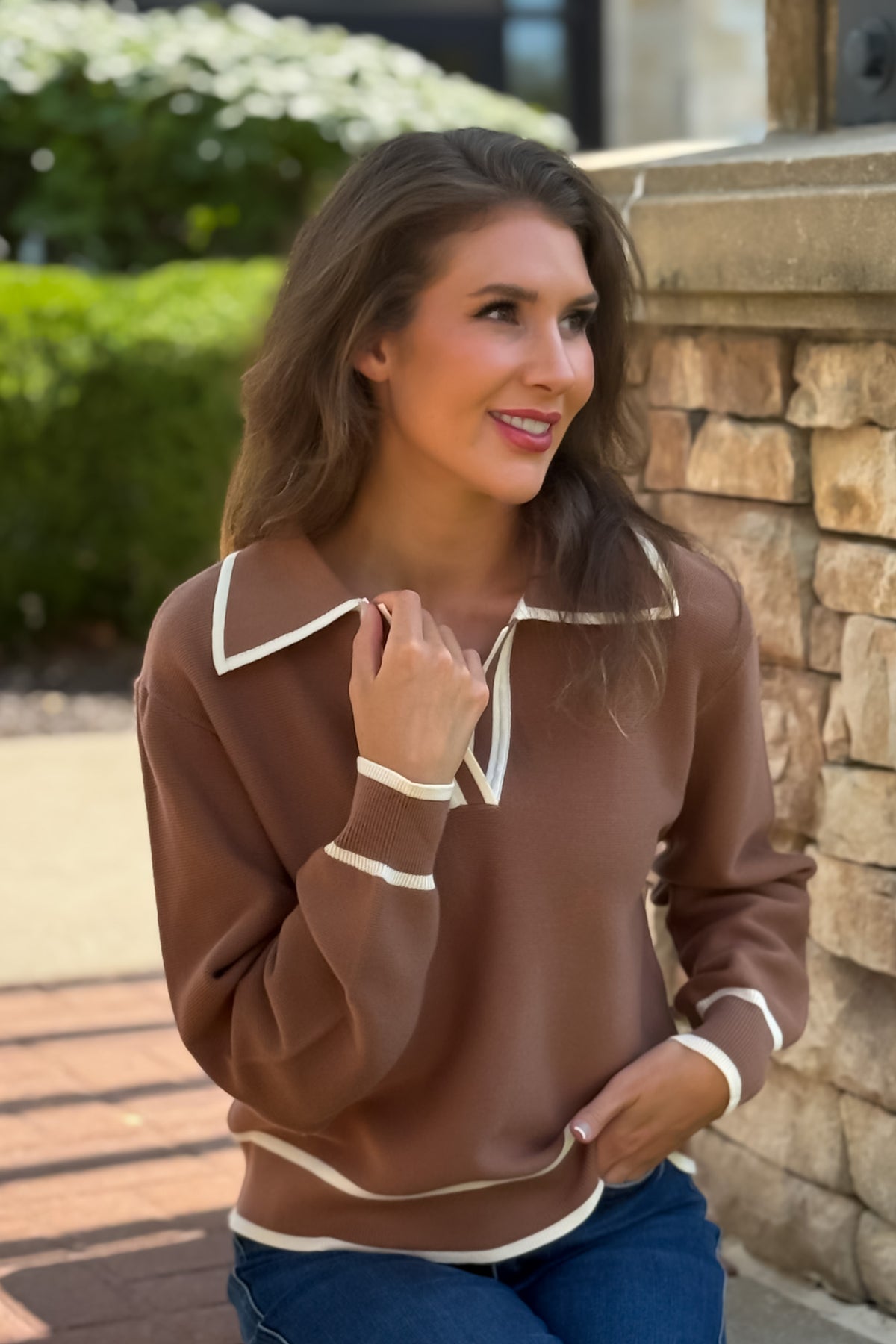 Paige Collared V neck Sweater : Mocha Mousse