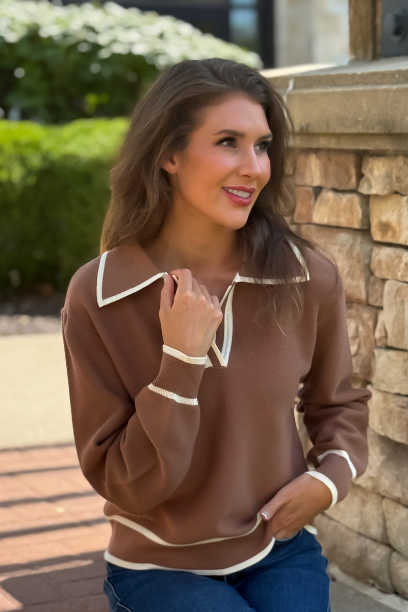Paige Collared V neck Sweater : Mocha Mousse