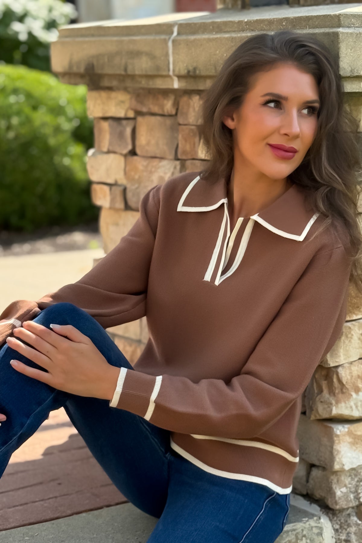 Paige Collared V neck Sweater : Mocha Mousse