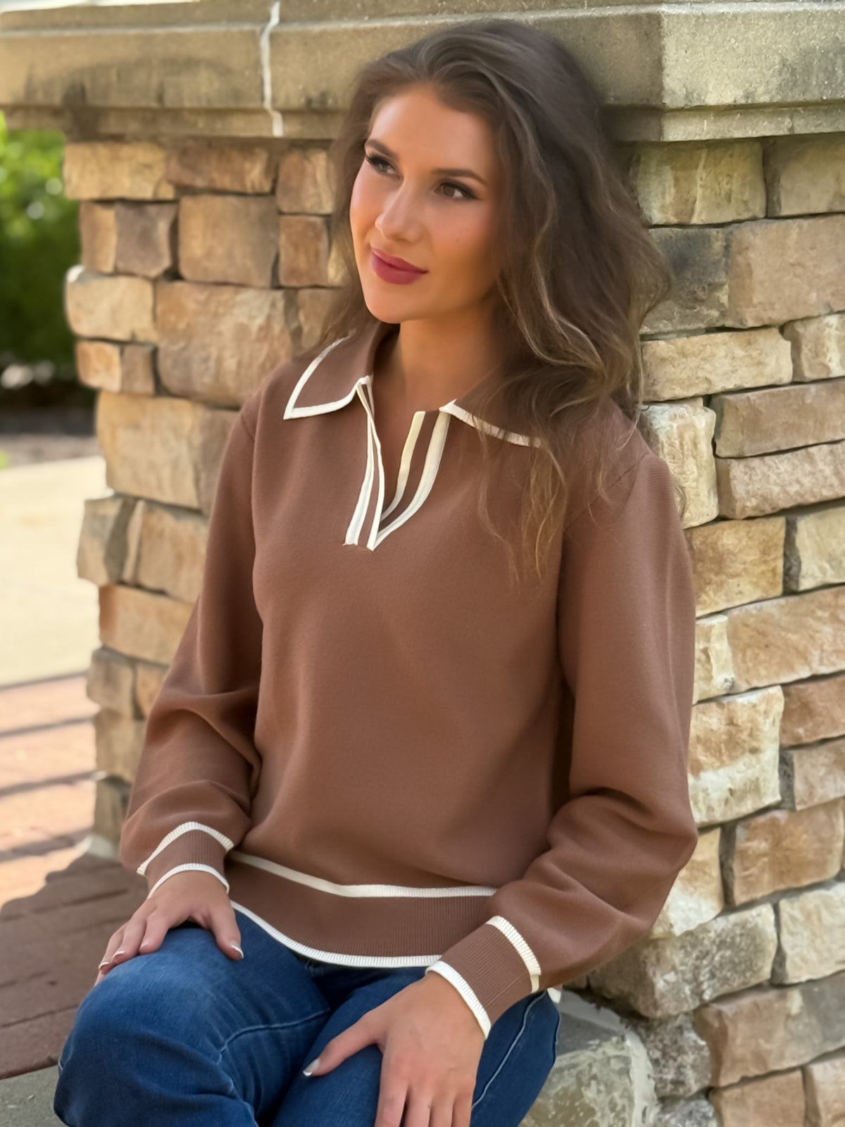 Paige Collared V neck Sweater : Mocha Mousse