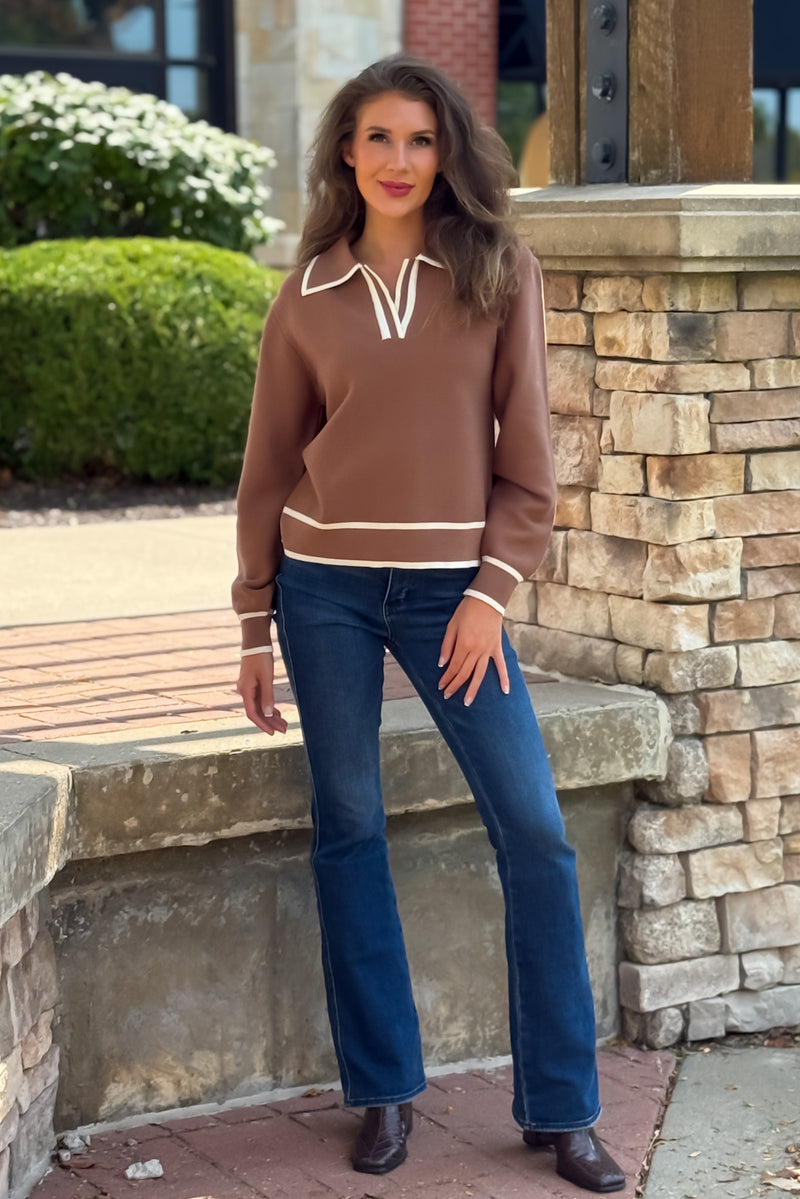 Paige Collared V neck Sweater : Mocha Mousse
