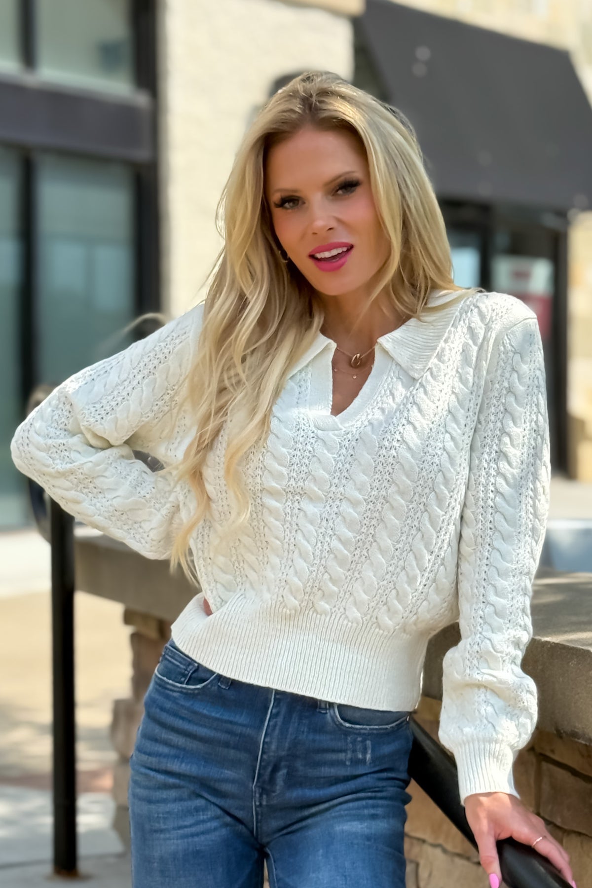 Wynry Cable Knit Johnny Collar Sweater : Off White