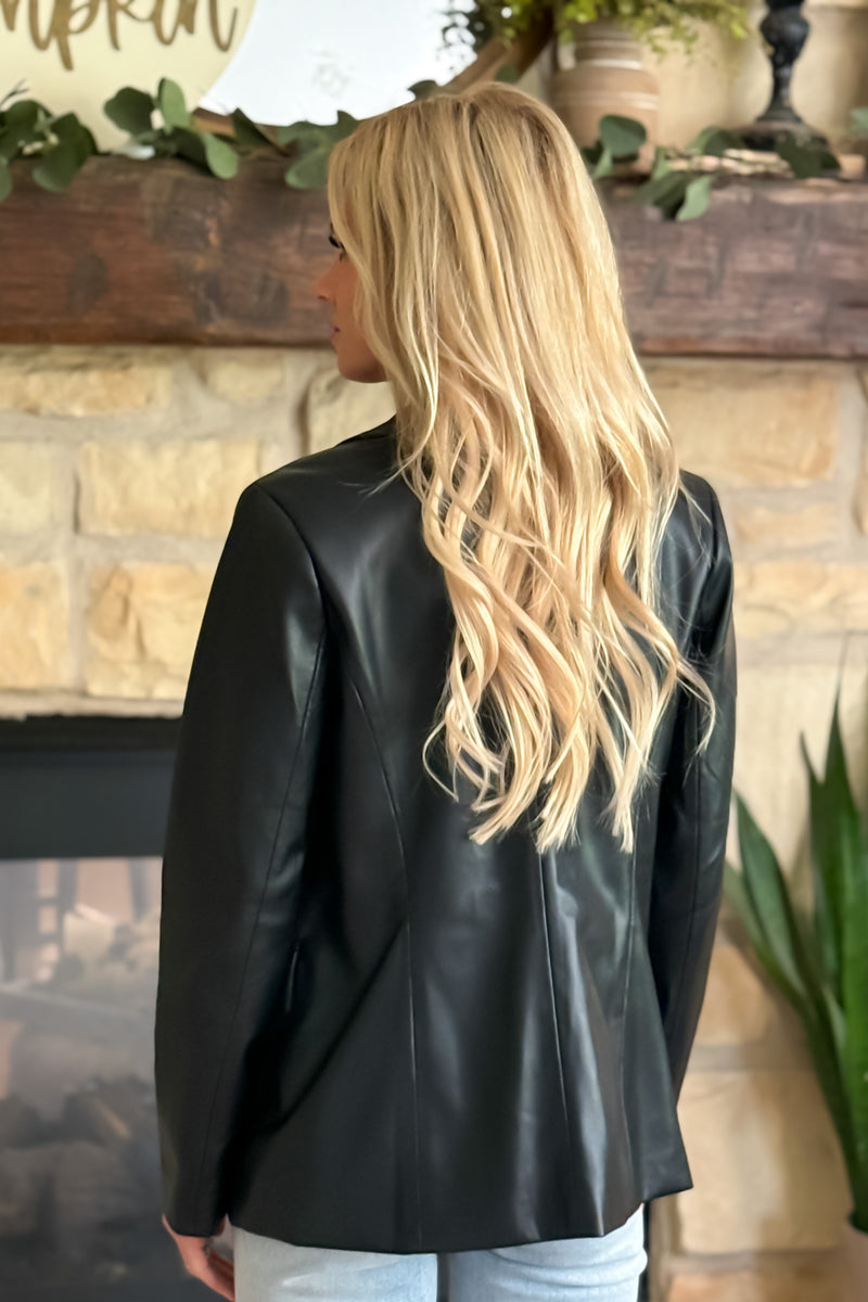 Anica Faux Leather Open Blazer : Black