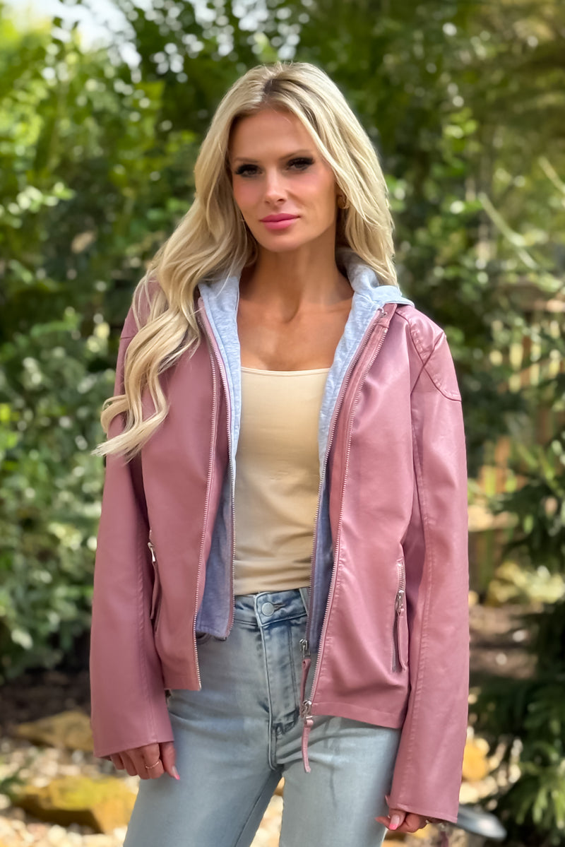 Devaki Hooded Faux Leather Jacket : Mauve