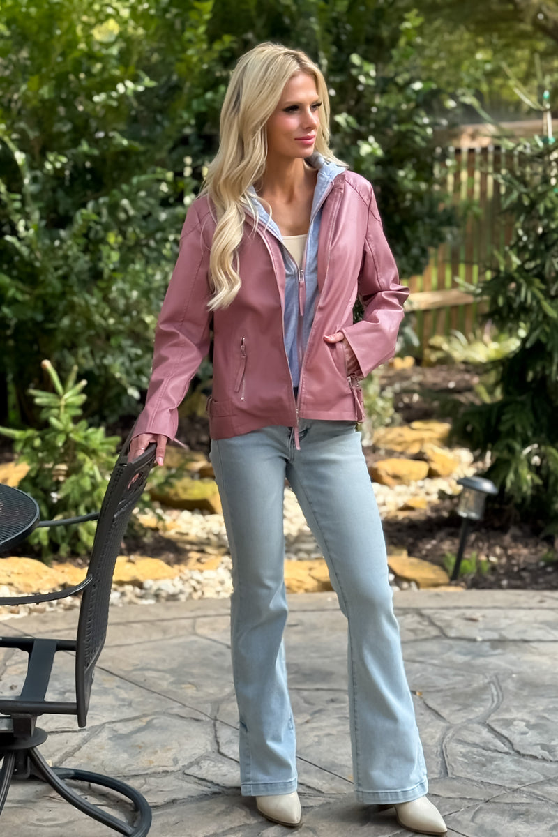 Devaki Hooded Faux Leather Jacket : Mauve