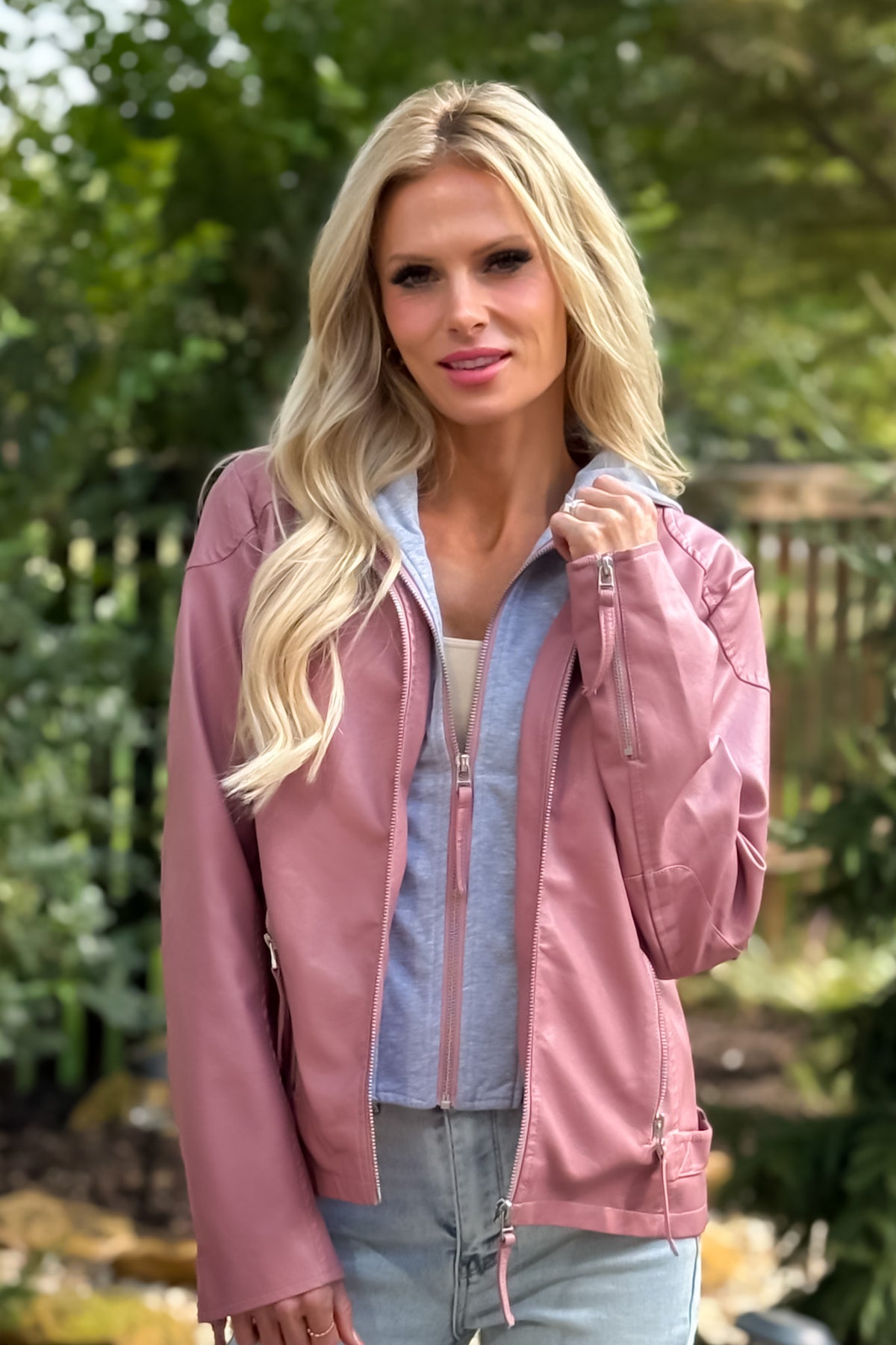 Devaki Hooded Faux Leather Jacket : Mauve