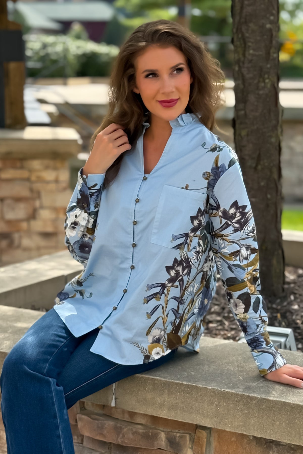Simone Floral Print Long Sleeve Blouse : Chambray