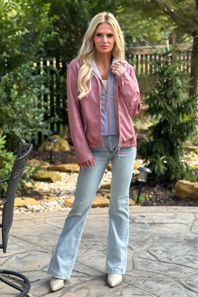 Devaki Hooded Faux Leather Jacket : Mauve