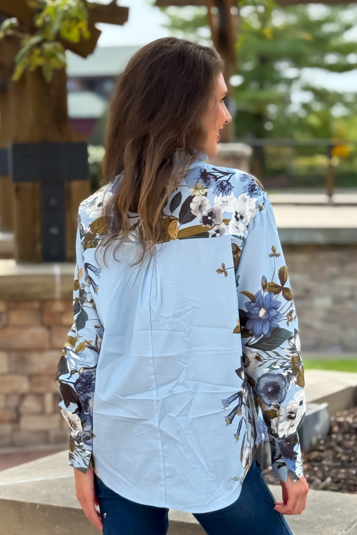 Simone Floral Print Long Sleeve Blouse : Chambray