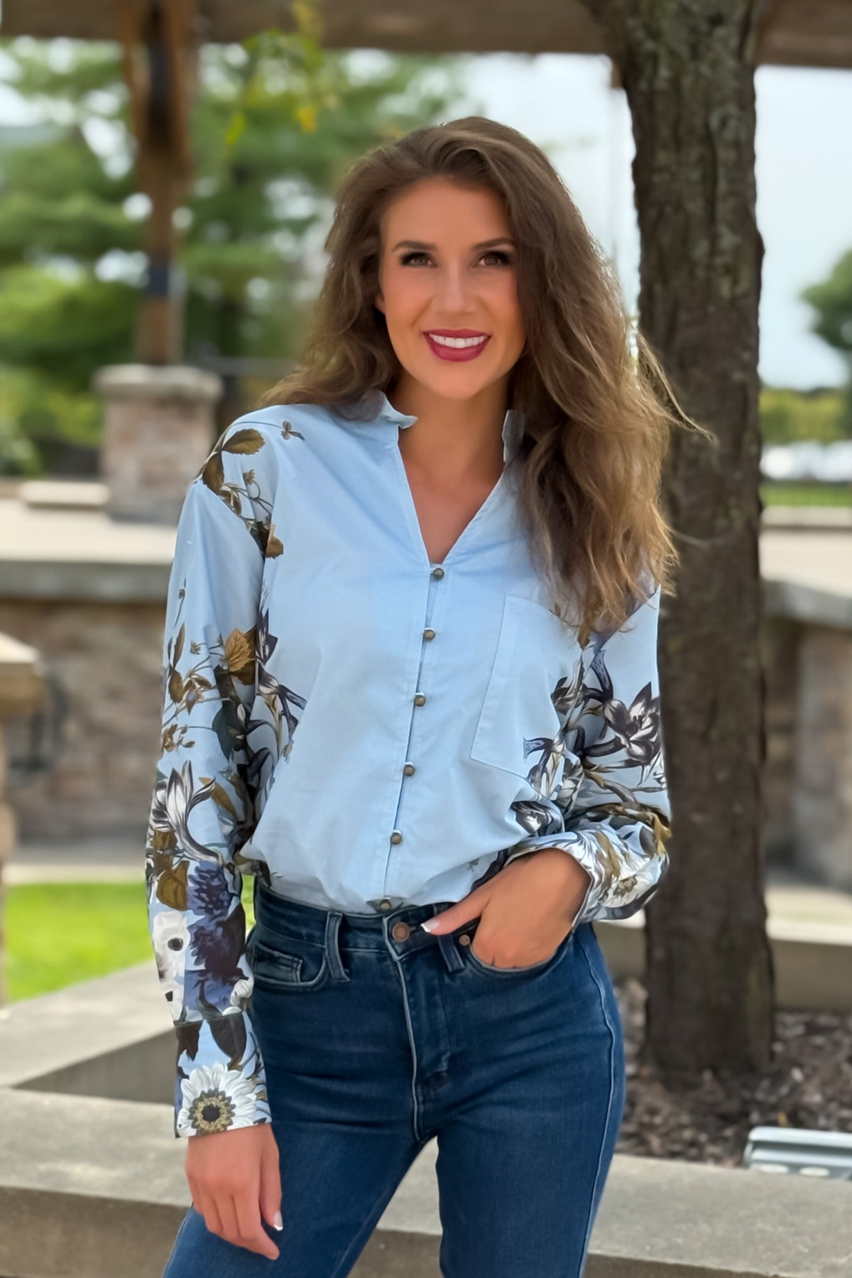 Simone Floral Print Long Sleeve Blouse : Chambray
