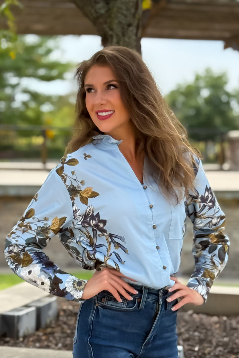 Simone Floral Print Long Sleeve Blouse : Chambray