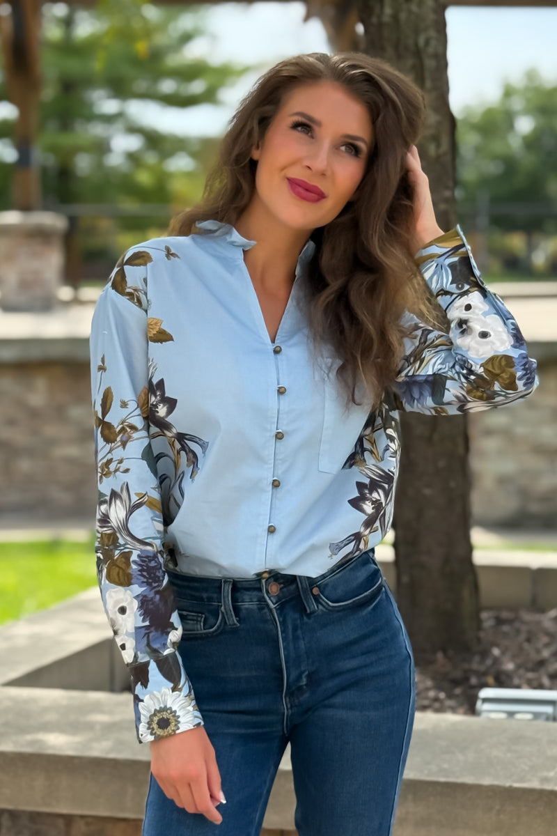 Simone Floral Print Long Sleeve Blouse : Chambray