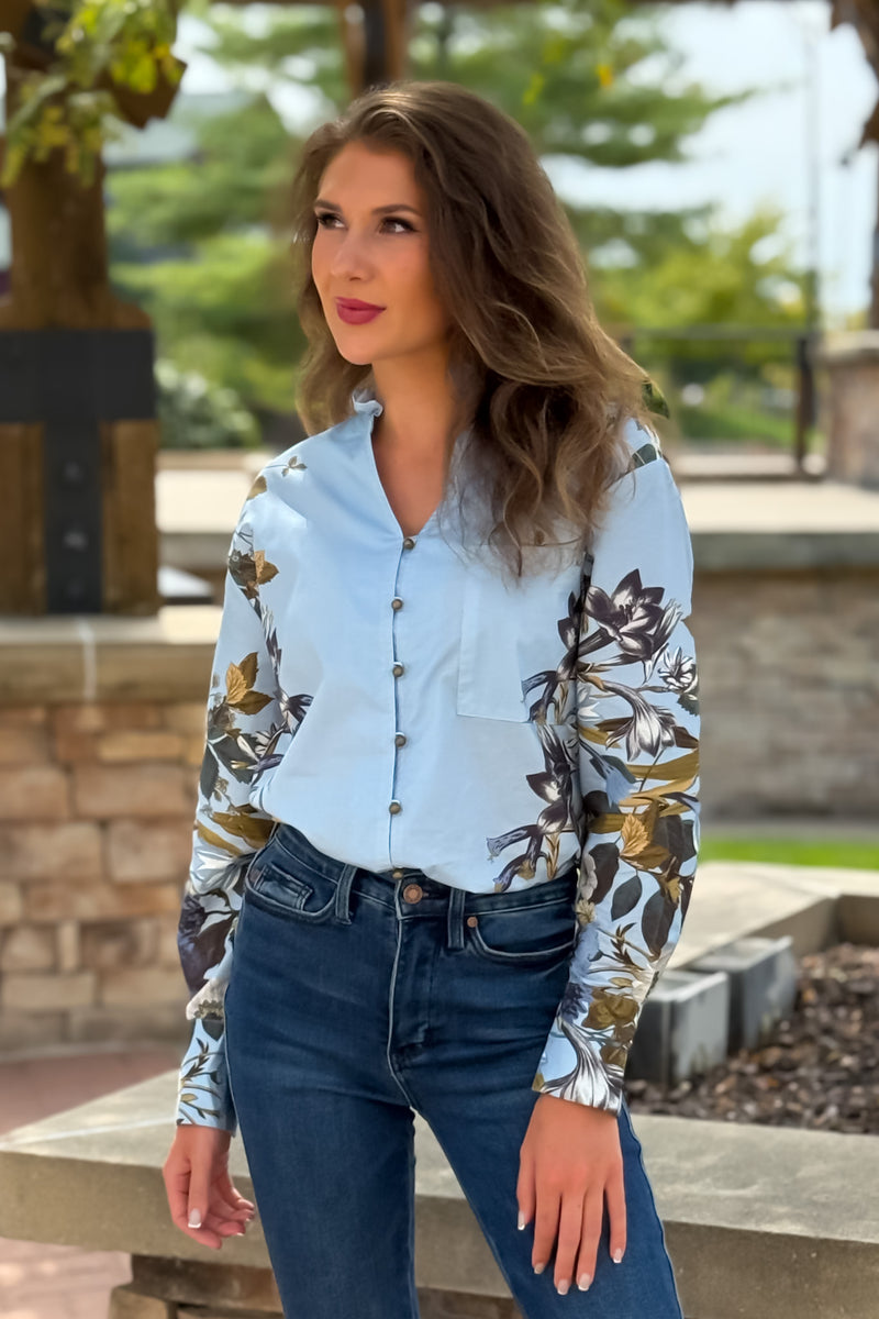 Simone Floral Print Long Sleeve Blouse : Chambray