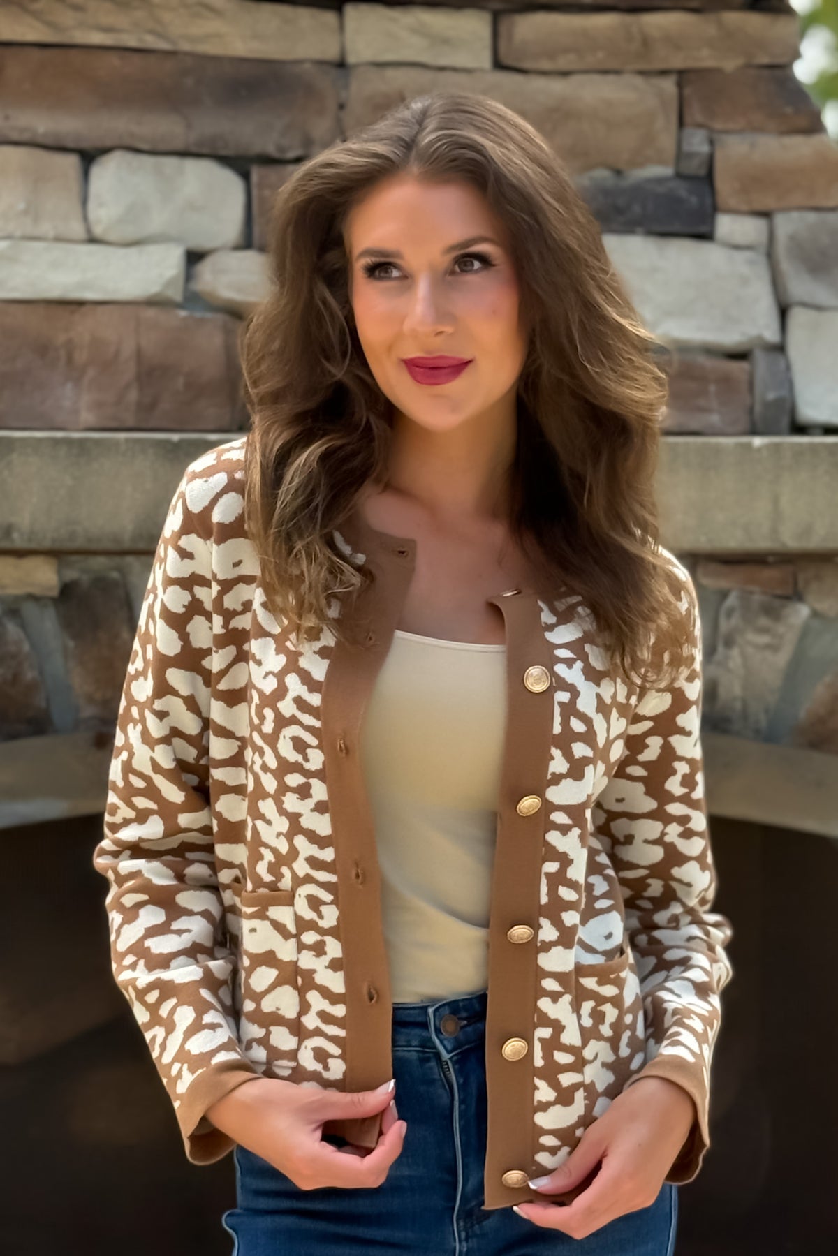Tennysee Printed Button Up Cardigan : Taupe