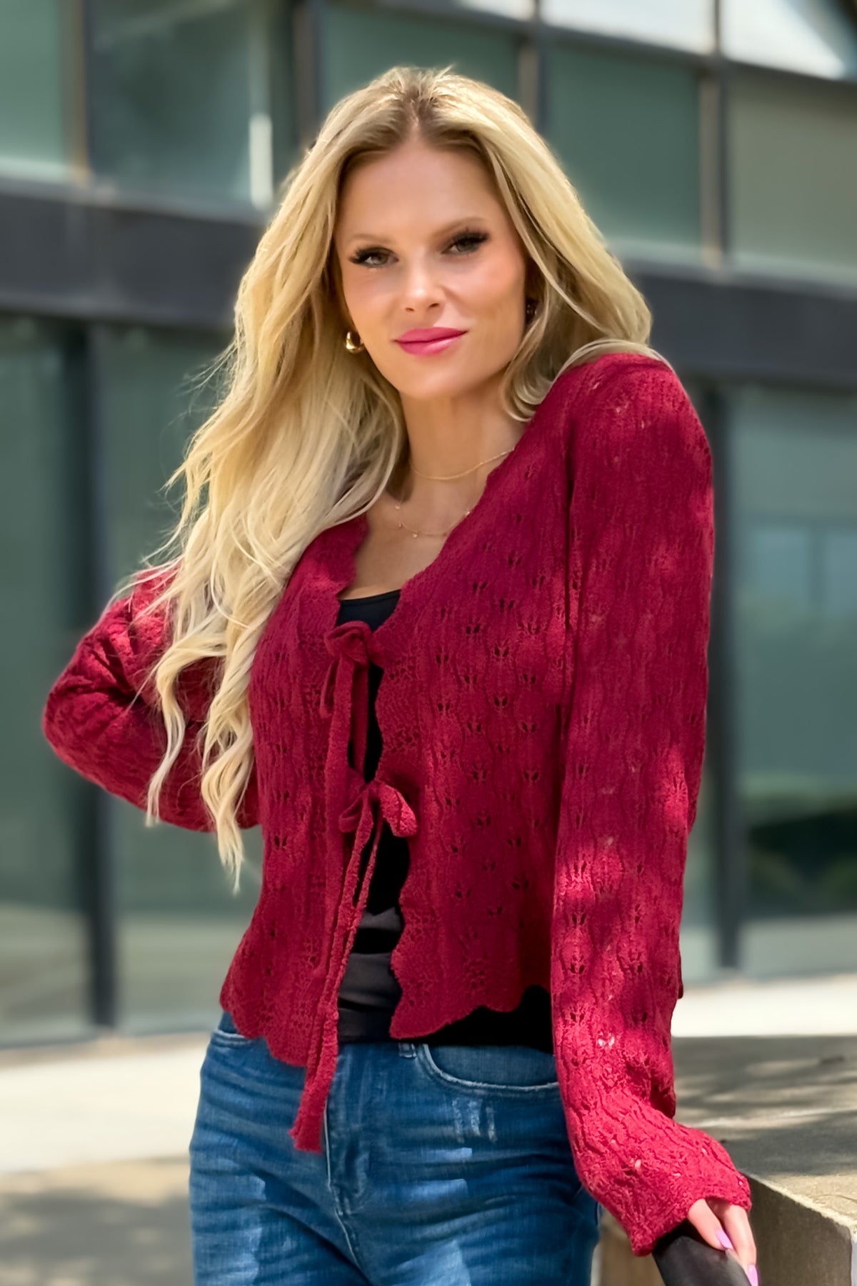 Serina Pointelle Tie Cardigan : Deep Red