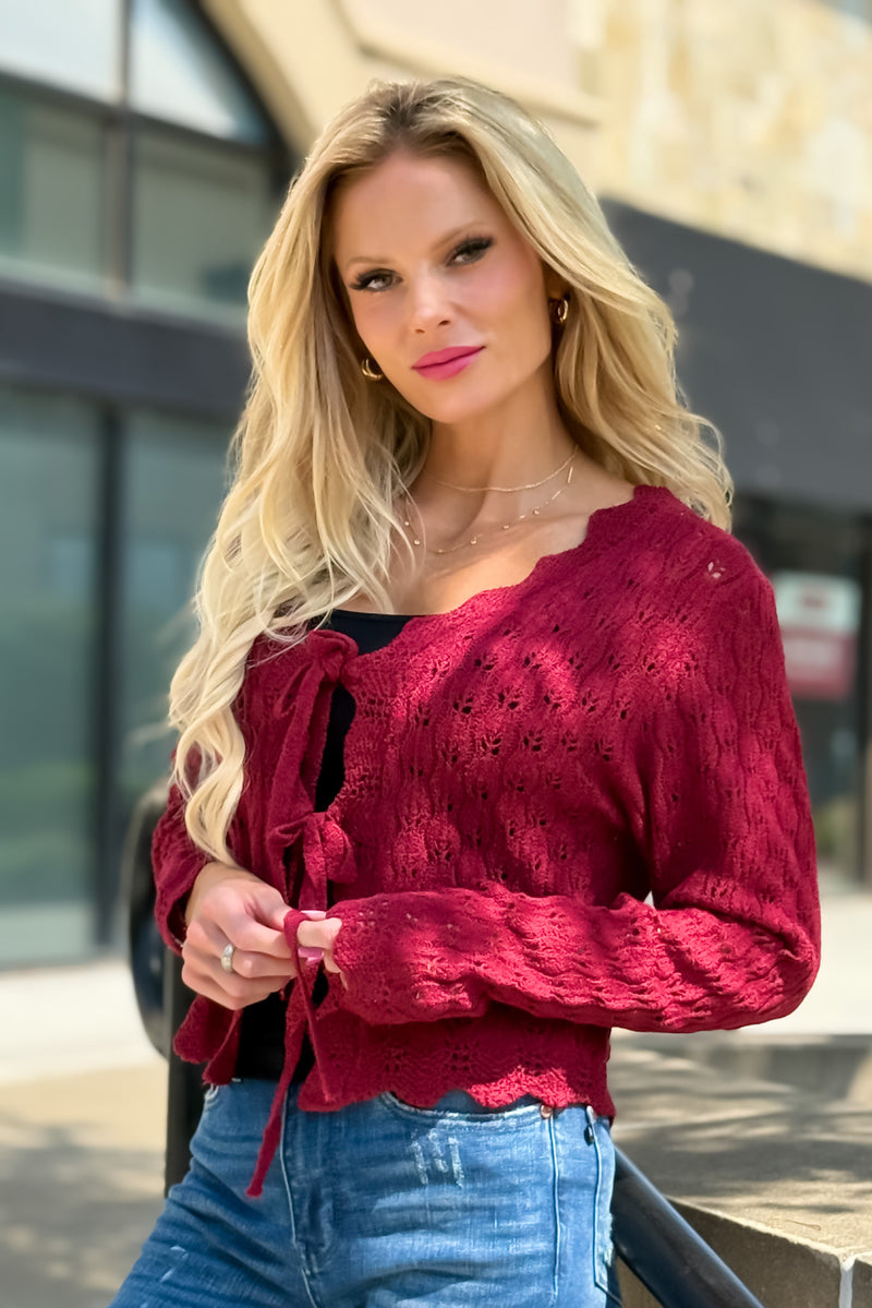 Serina Pointelle Tie Cardigan : Deep Red