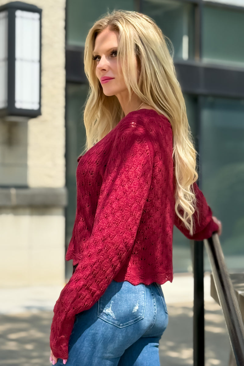 Serina Pointelle Tie Cardigan : Deep Red
