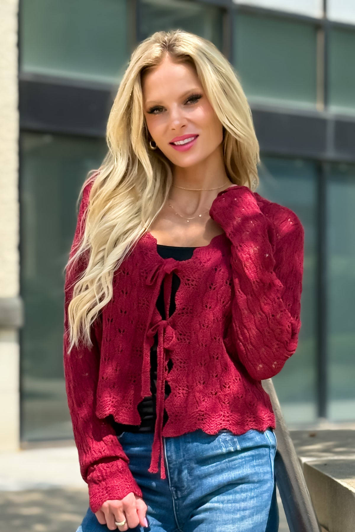 Serina Pointelle Tie Cardigan : Deep Red
