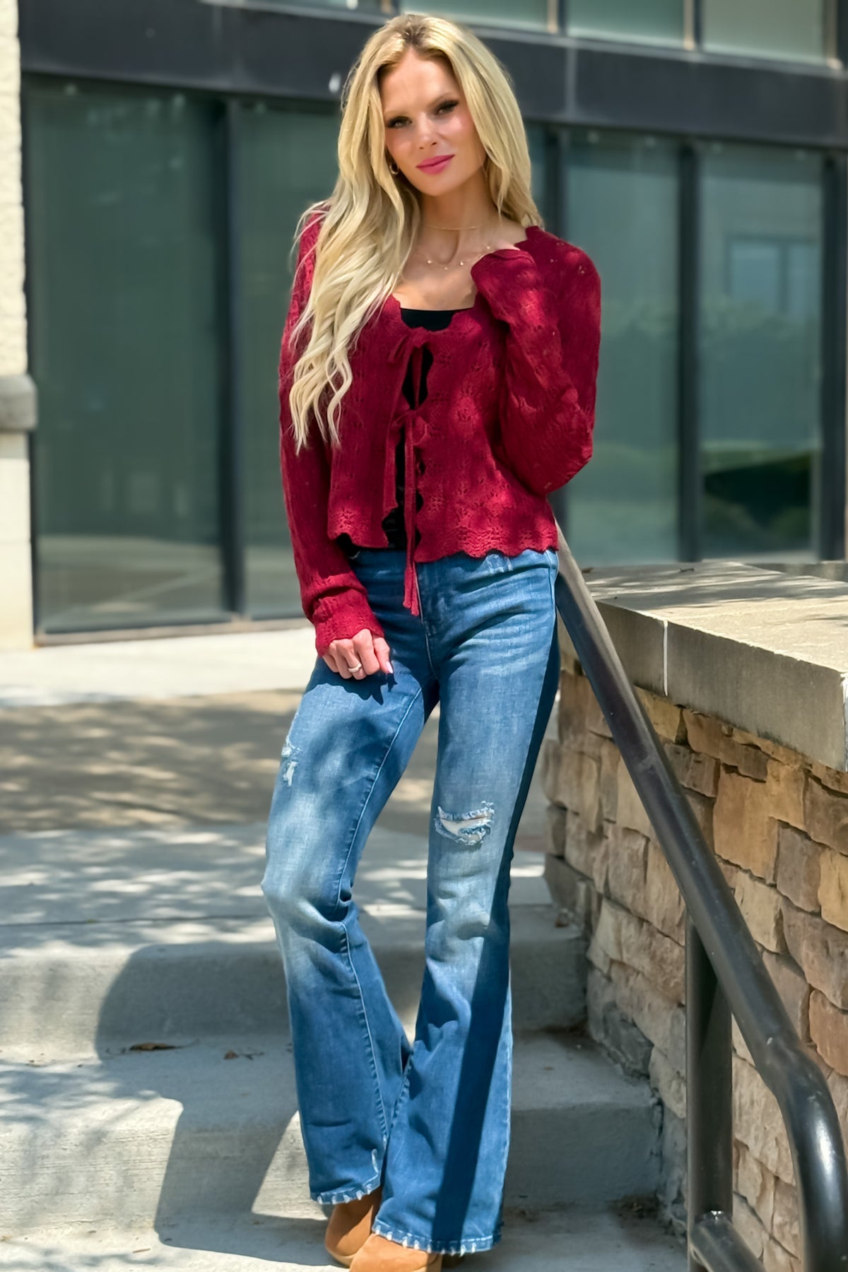 Serina Pointelle Tie Cardigan : Deep Red