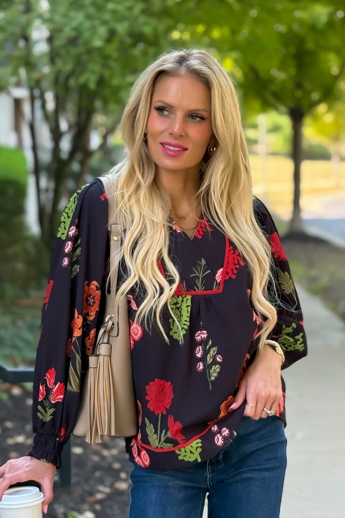 Cerese Flower Print Collared Top : Navy