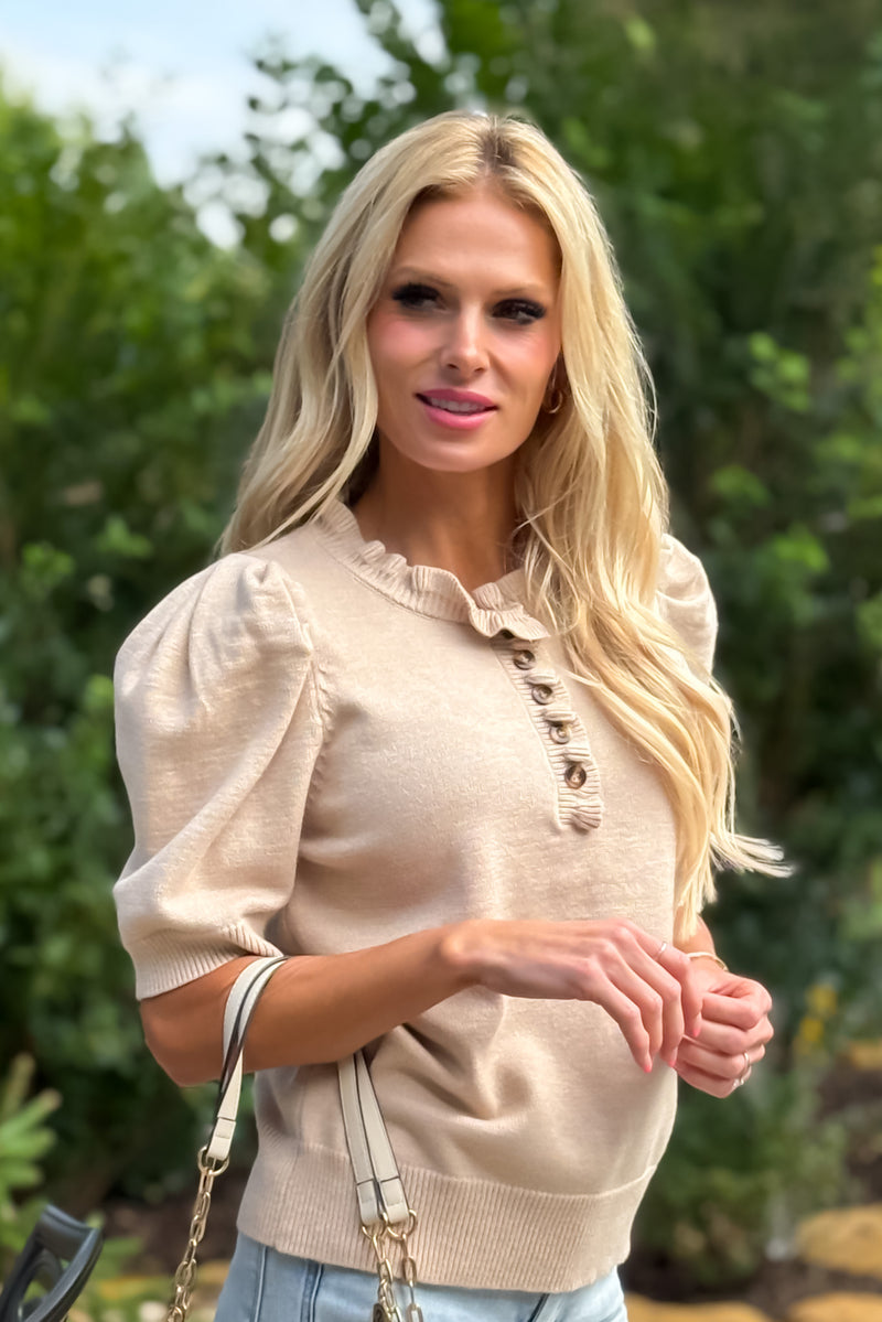 Tanaia Ruffled Neck Top : Taupe