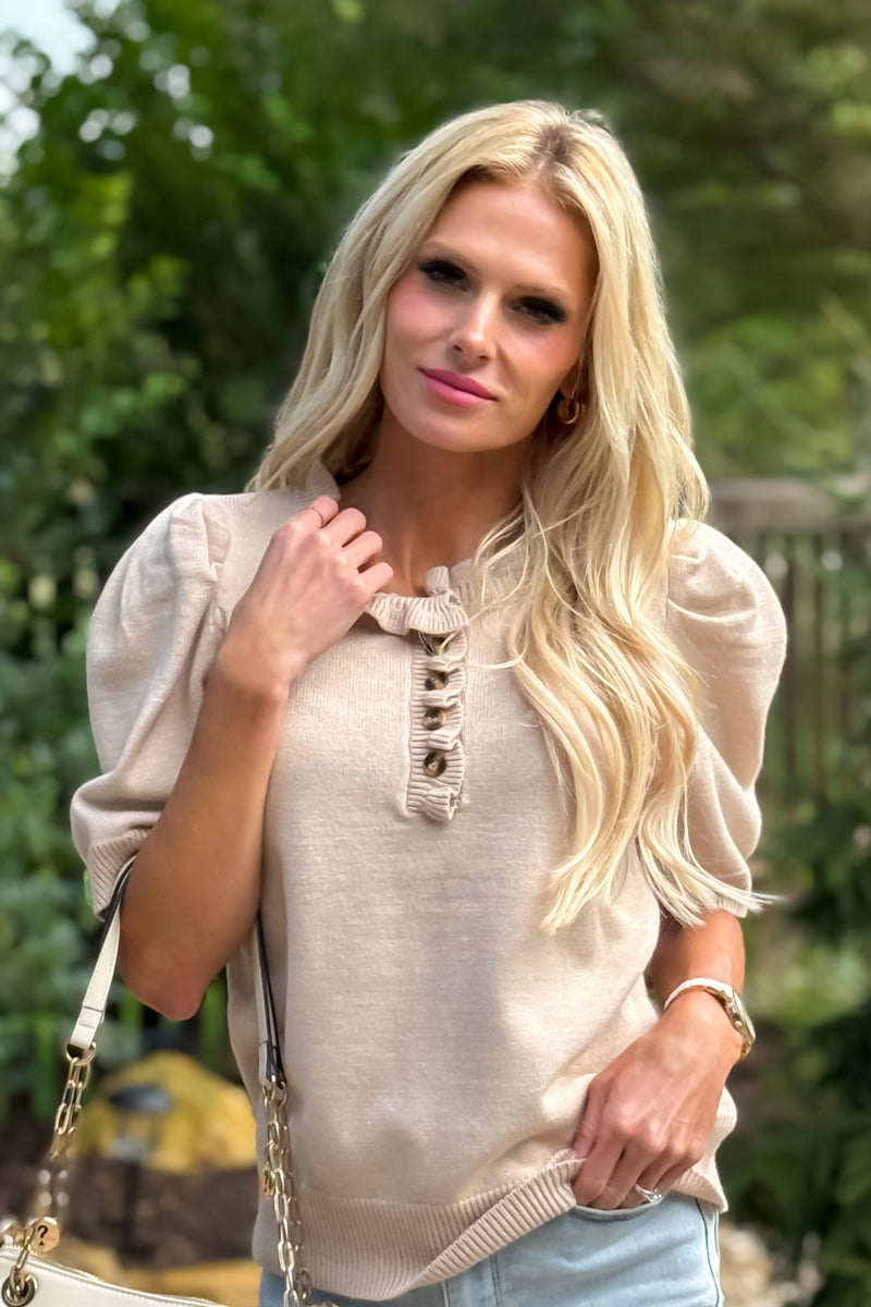 Tanaia Ruffled Neck Top : Taupe