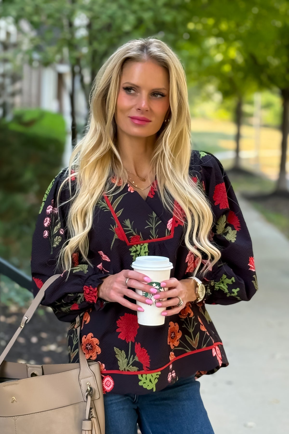 Cerese Flower Print Collared Top : Navy