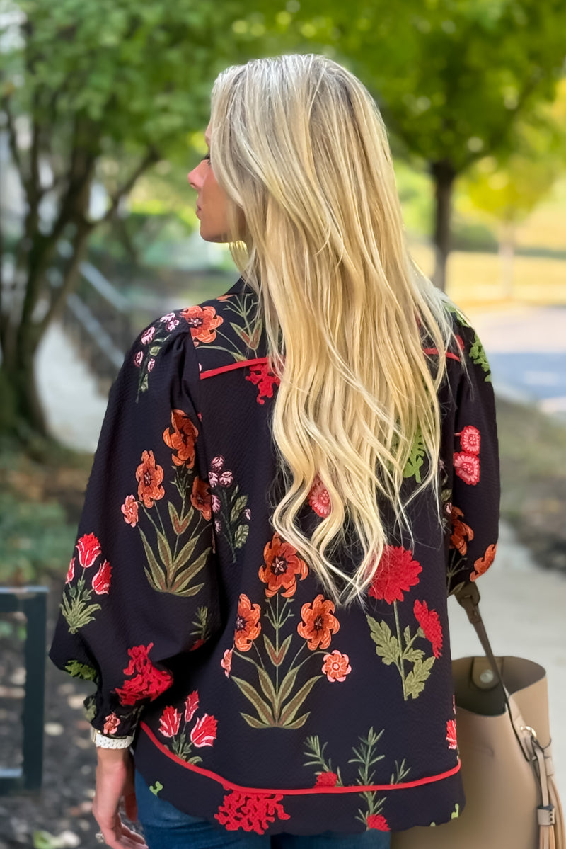 Cerese Flower Print Collared Top : Navy
