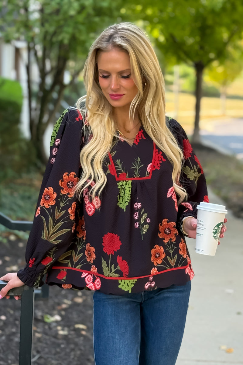Cerese Flower Print Collared Top : Navy