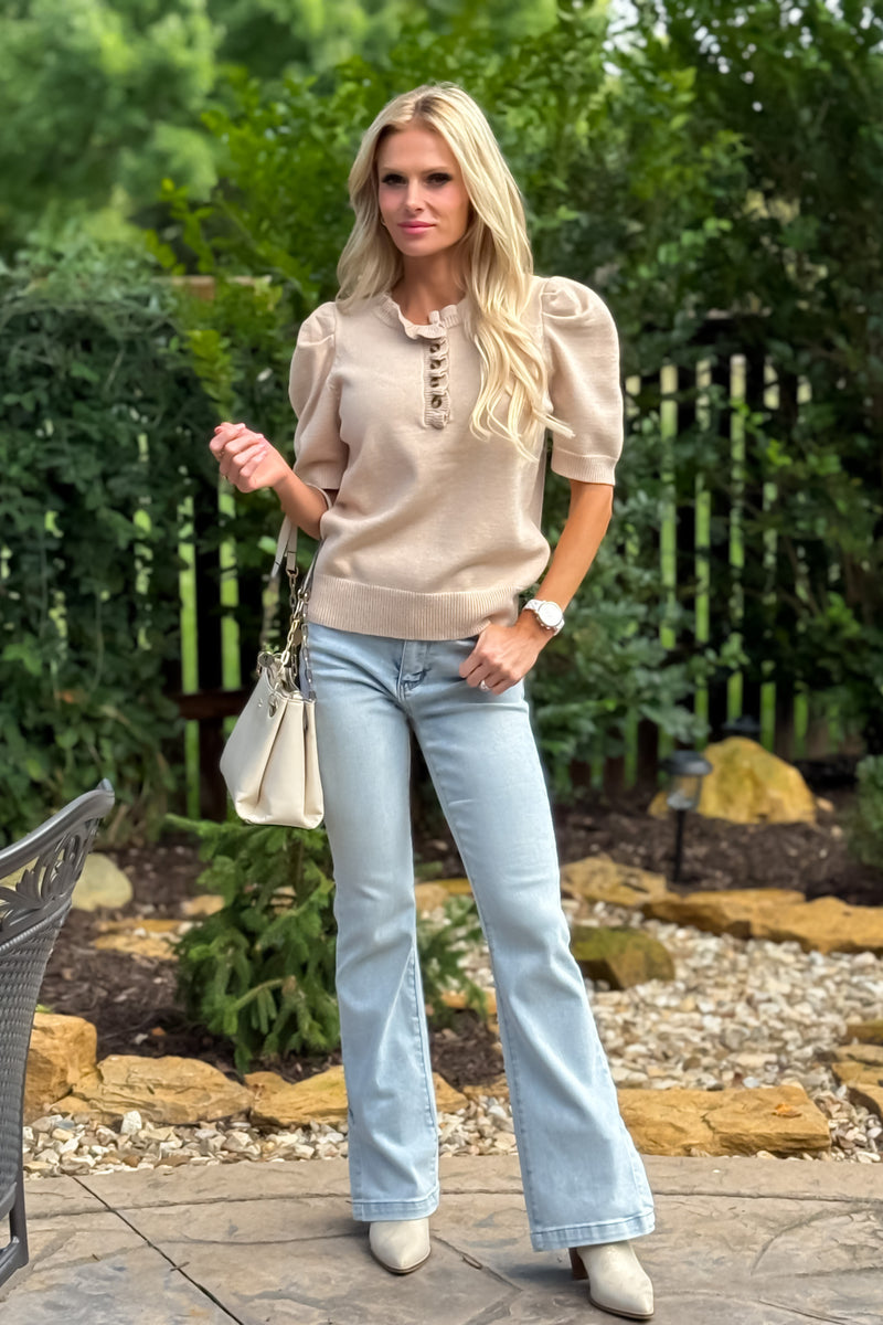 Tanaia Ruffled Neck Top : Taupe